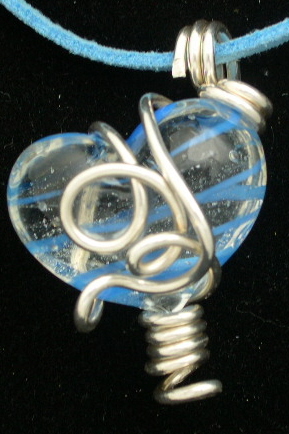 BLUE STRIPED AND CLEAR GLASS HEART PENDANT