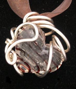 BROWN STRIPED AND CLEAR GLASS HEART PENDANT