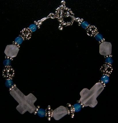BLUE AGATE AND ROSE QUARTZ CROSS BRACELET